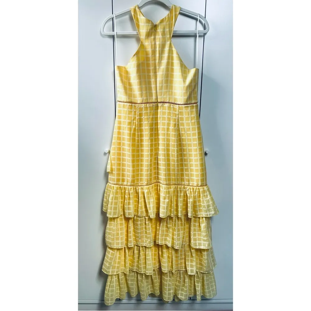 Likely Reni Check Ruffle Cocktail Midi Dress in Butter Yellow Size 8 Gently Used - Image 7