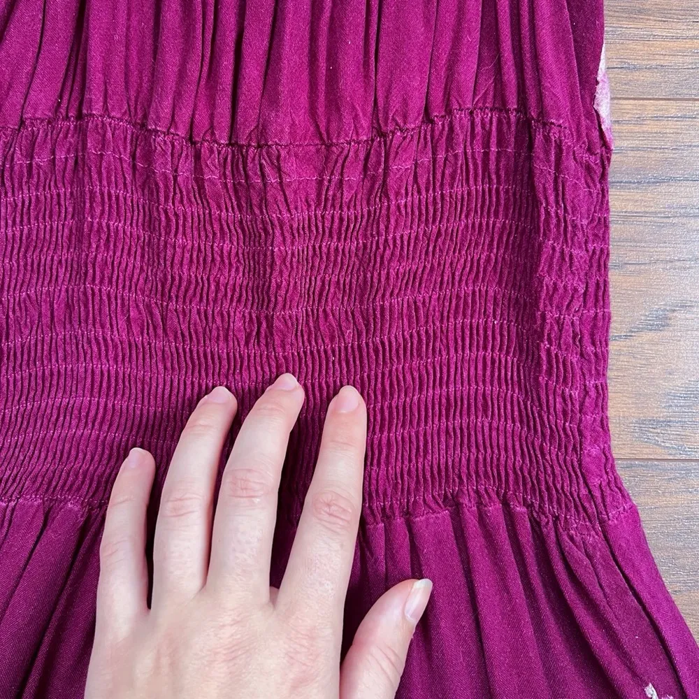 vintage • 70s batik dyed sundress smocked maroon white embroidered rayon boho - Image 13