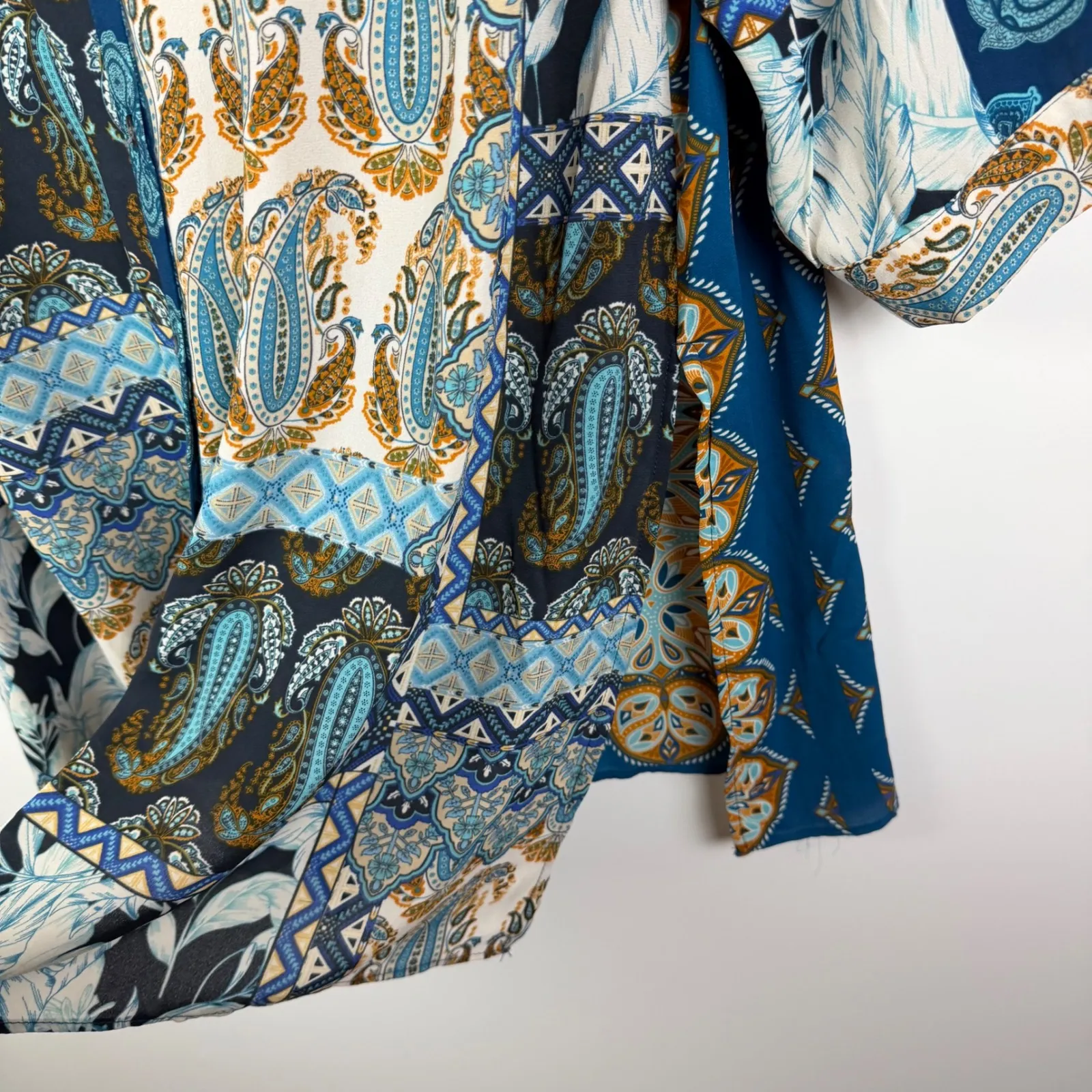 Rose + Olive Patchwork Paisley Button Down Shirt Sz 1X Blue Oversized Tunic Boho - Image 2