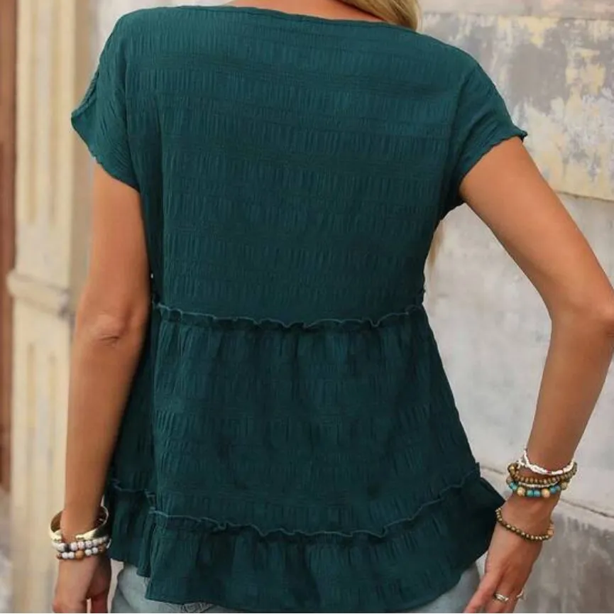 Sleeve Ruffle Hem Blouse,Short Sleeve Tops - Image 2