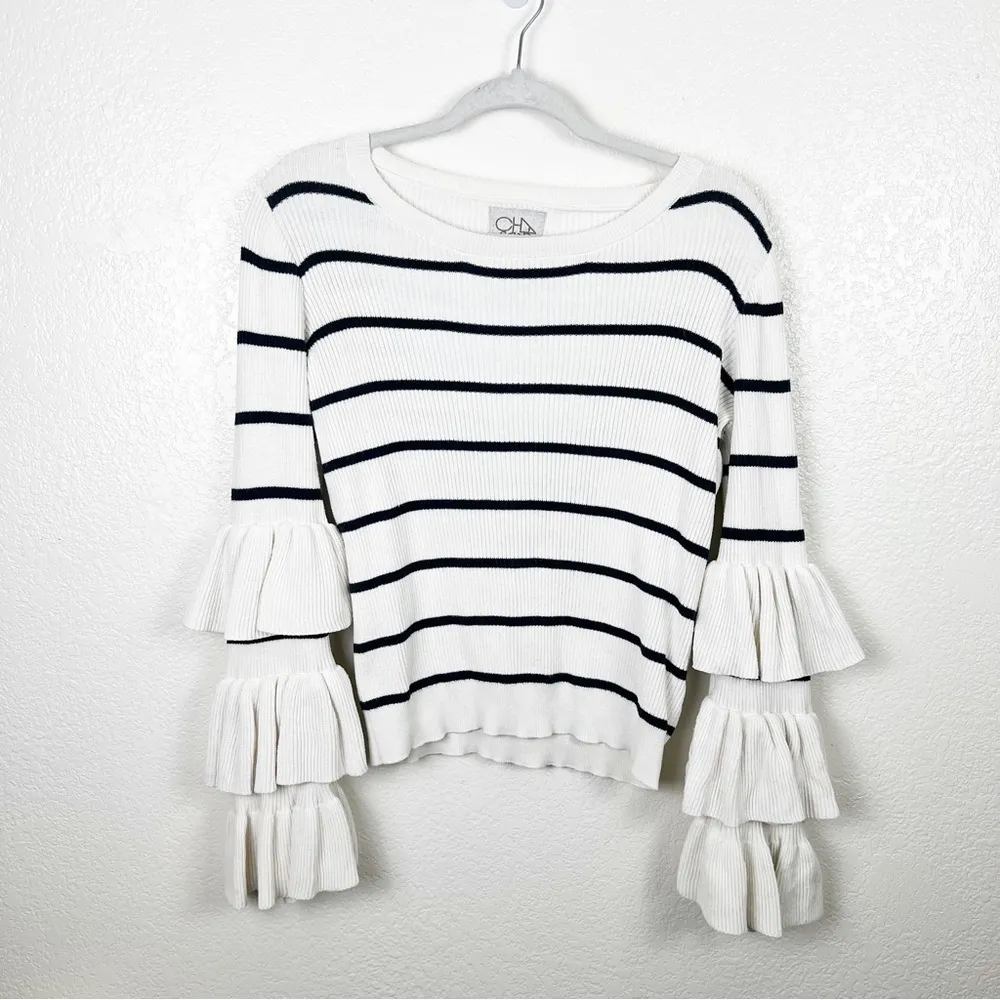Chaser Ribbed Navy Cream Striped Tiered Ruffle Sleeve Sweater Cotton Size Medium - Image 4