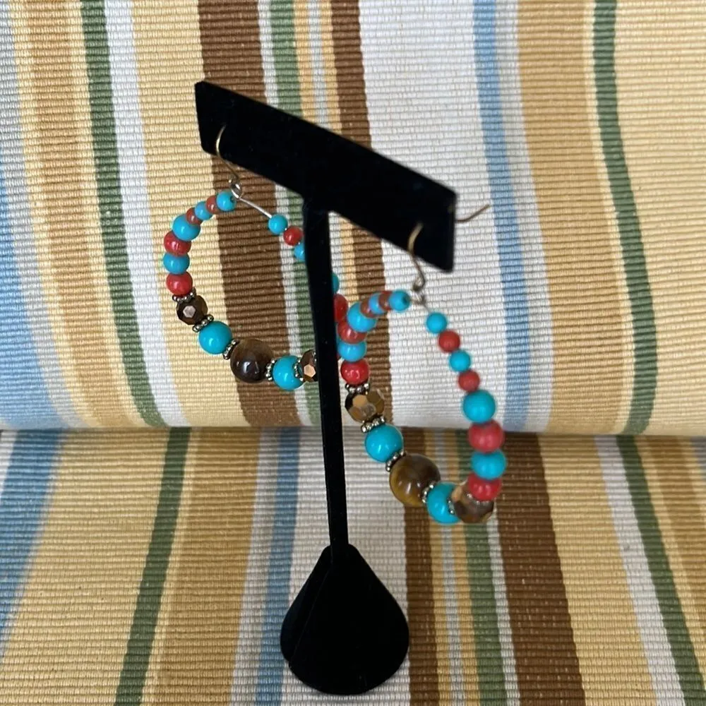 Chunky Turquoise Orange Beaded Rustic Necklace and Earrings Bohemian Jewelry Set Brown - Image 6