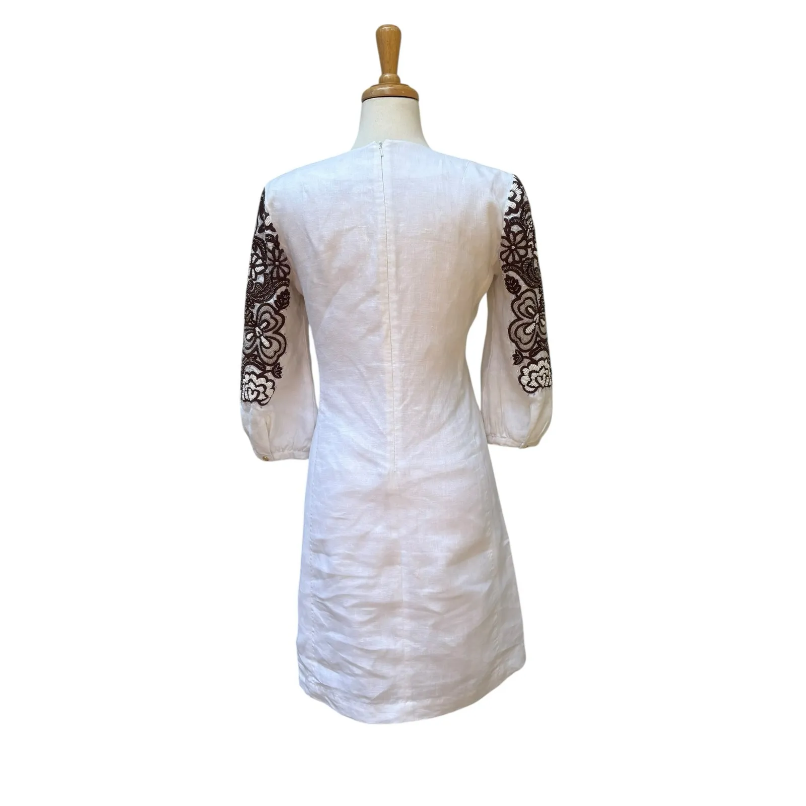Tory Burch Beaded Mini Dress Tunic Sz 4 White Linen Brown Floral Embellished - Image 5