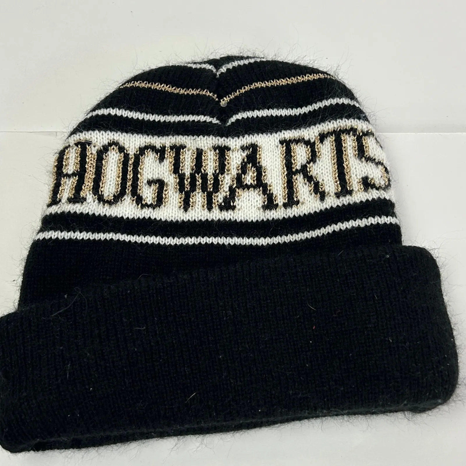 Harry Potter Hogwarts Crest Knit Beanie Hat One Size Black Gold White - Image 2