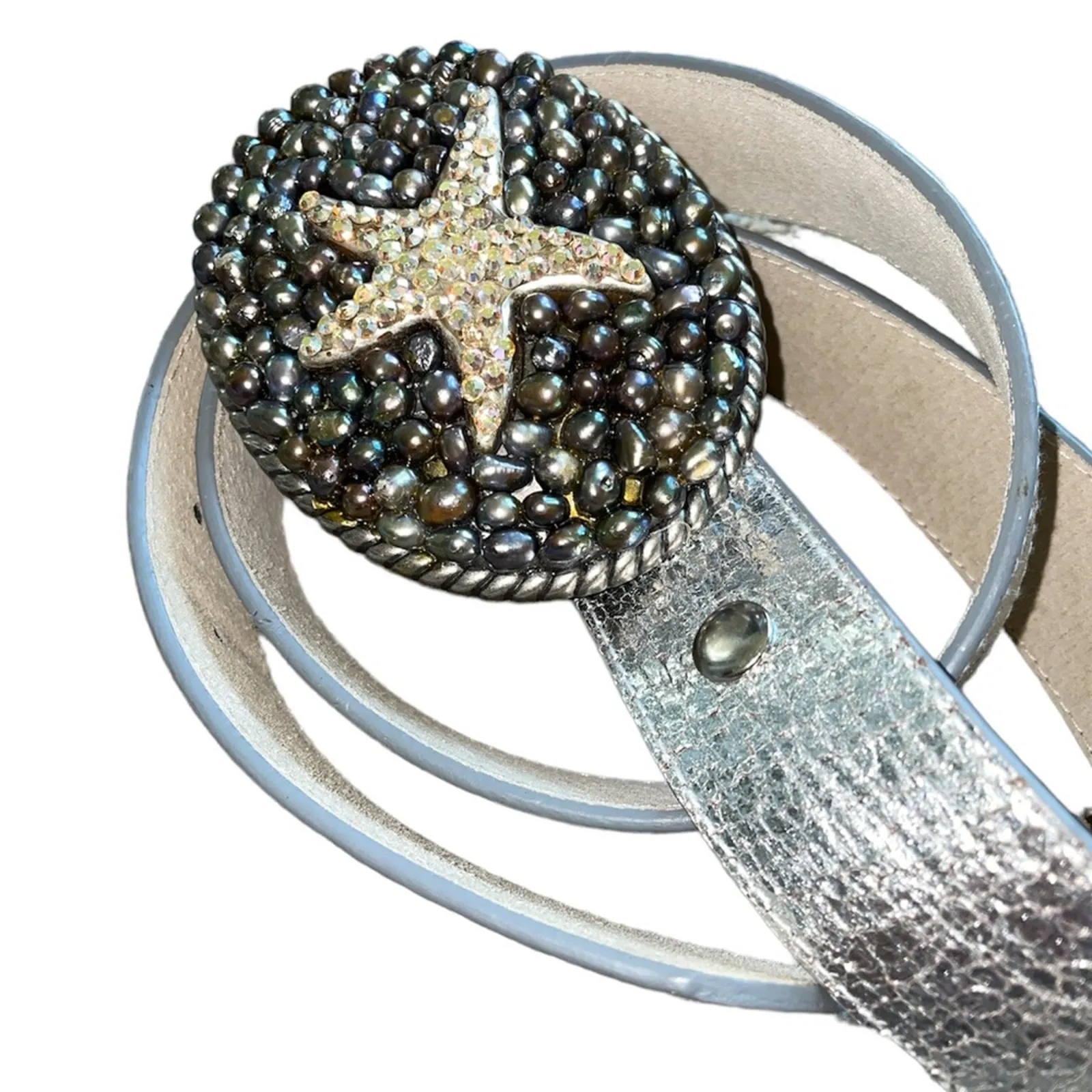Beachhouse Etc. Black Pearl & Crystal Starfish Buckle Silver Leather Belt - Image 4