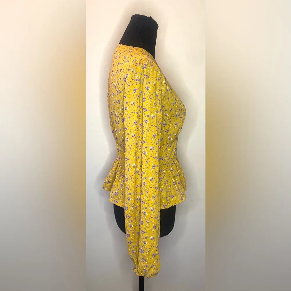 Lost + Wander- Womens‎ Sol Floral Print Long Sleeves Peplum Top Yellow Size S - Image 3