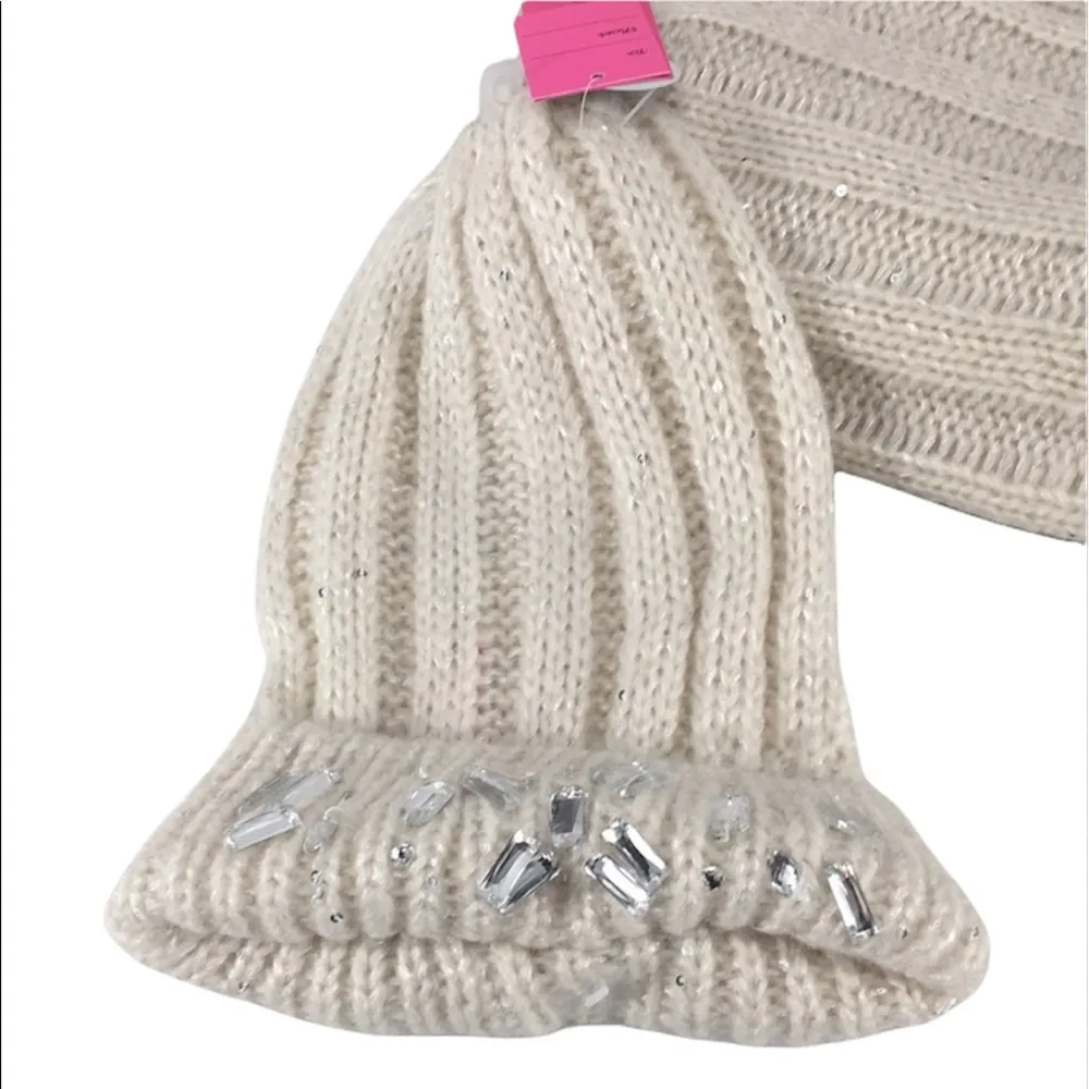 Betsey Johnson Infinity Scarf & Jeweled Beanie, Cream - Image 2