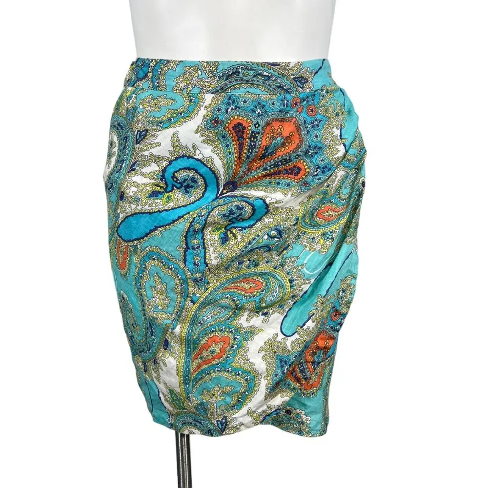 Sunny Leigh  Womens Paisley Print Tulip Hem Pleated Linen Skirt Teal Size 10 EUC - Image 2