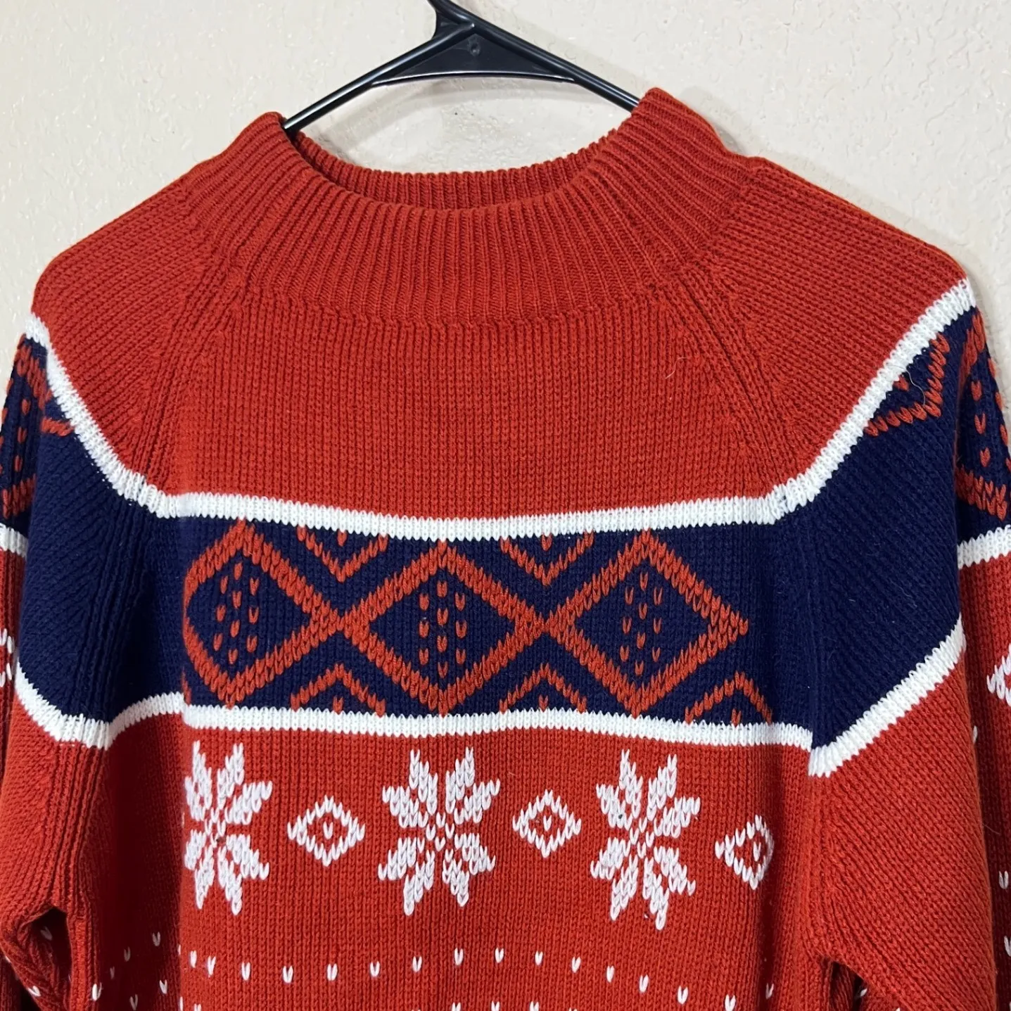 JCPenney Red/Orange Navy White Snowflake Fair Isle Mock Neck Sweater Size M Red Size M - Image 2