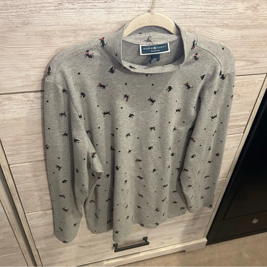 Karen Scott Womens 2X Grey Heather Cat Printed Long Sleeve Mock Neck Top - Image 3