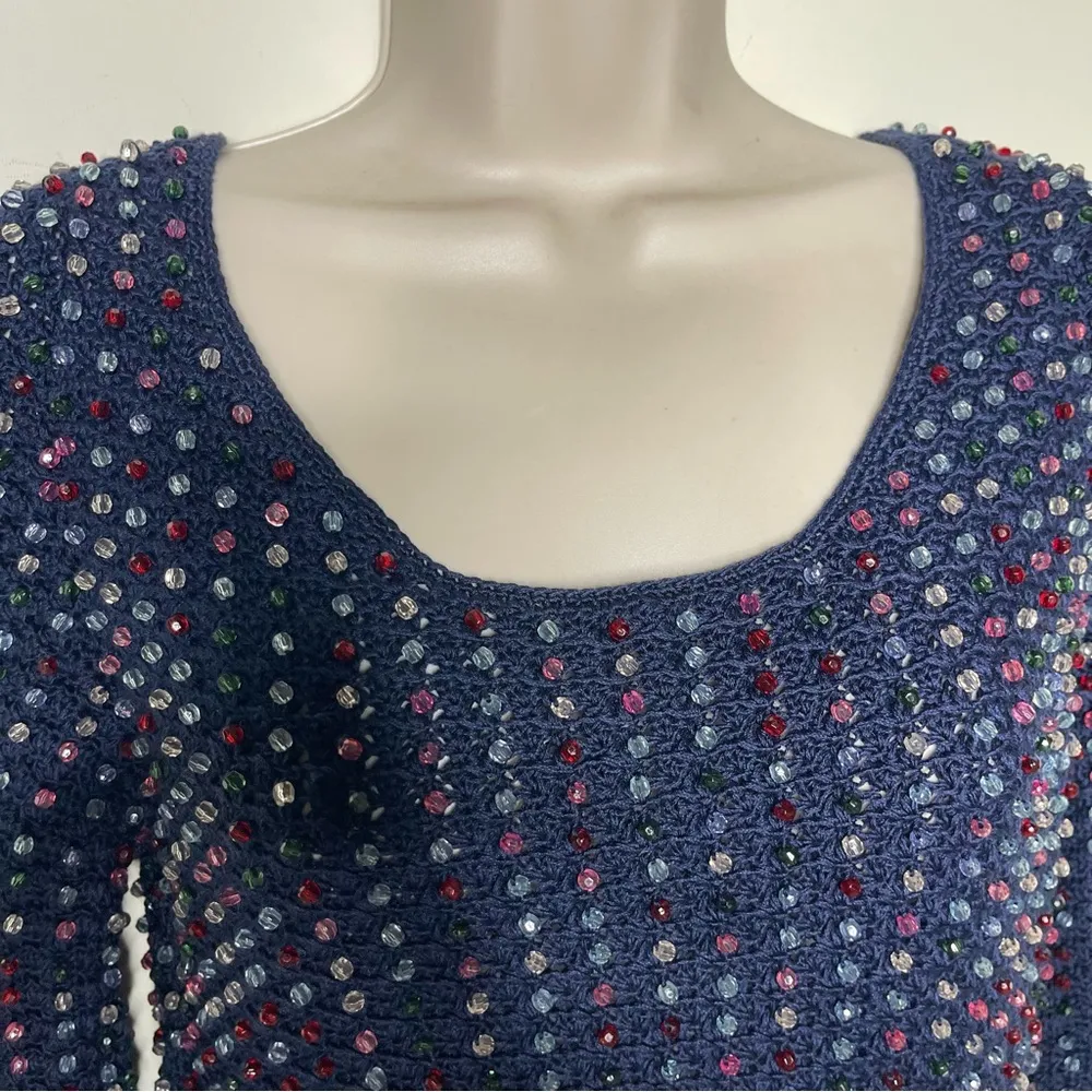 NWT DOEN Solandis Navy Beaded Crochet Long Sleeve Knit Mini Bodycon Dress sz M Size M - Image 9