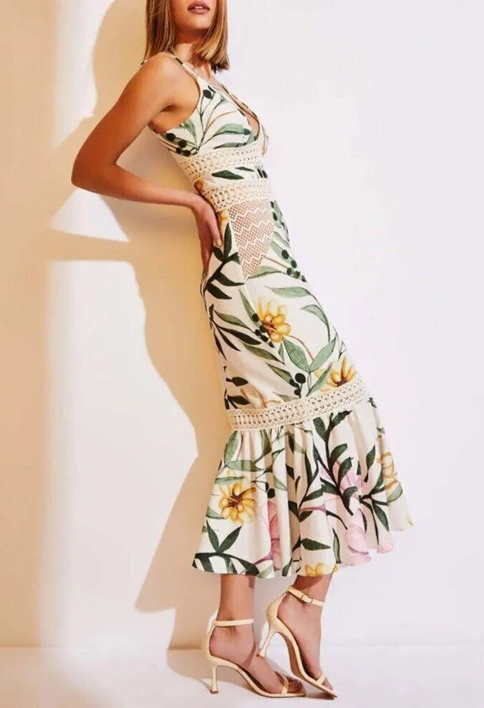 PatBO JAsmin Fitted Midi Dress in White 0 New Womens Floral Resort Green - Image 15