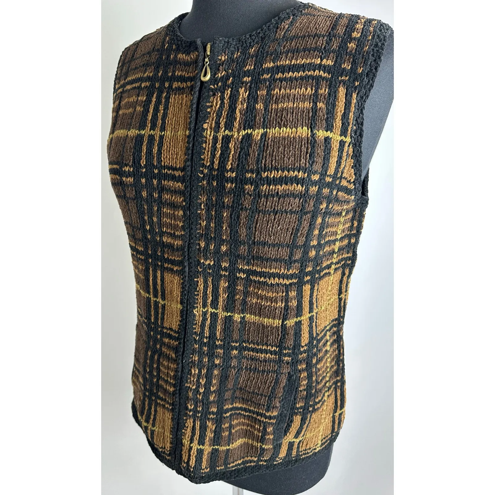 Vintage Harold's Size Large Woven Knit Vest Black Brown Full Zip Retro Hipster - Image 7