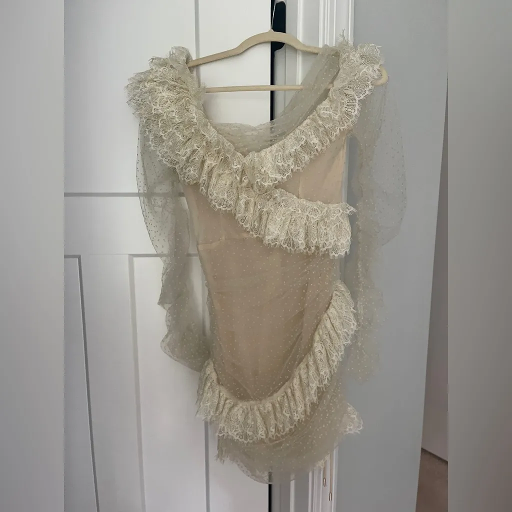 House of CB SORREL Ivory Lace Frill Mini Dress sheer Long Sleeve Polka Dot - Image 6