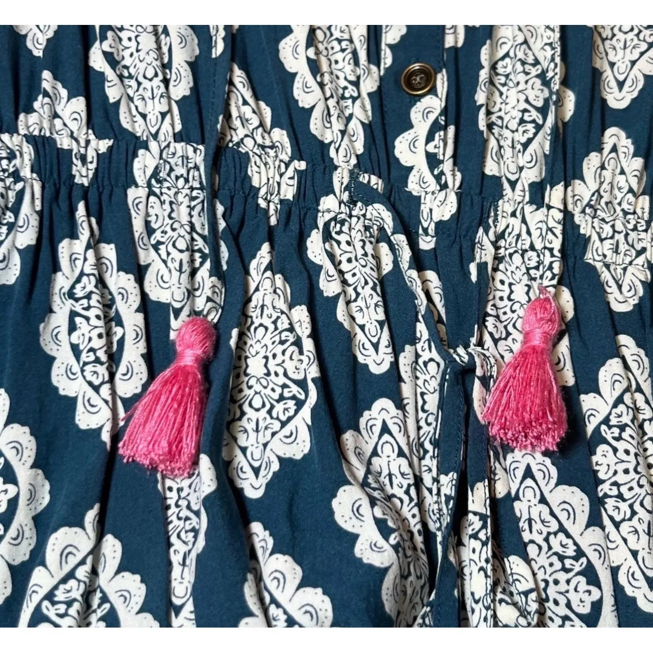 Matilda Jane Shorts Romper Womens Medium Blue White Patterned Tassels Vacation - Image 15