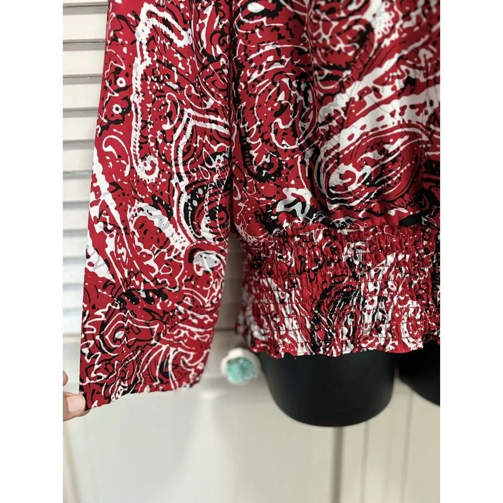 Zac‎ & Rachel Red/Black/White Paisley Chiffon Long Sleeve Blouse Smocked Size S Black - Image 3
