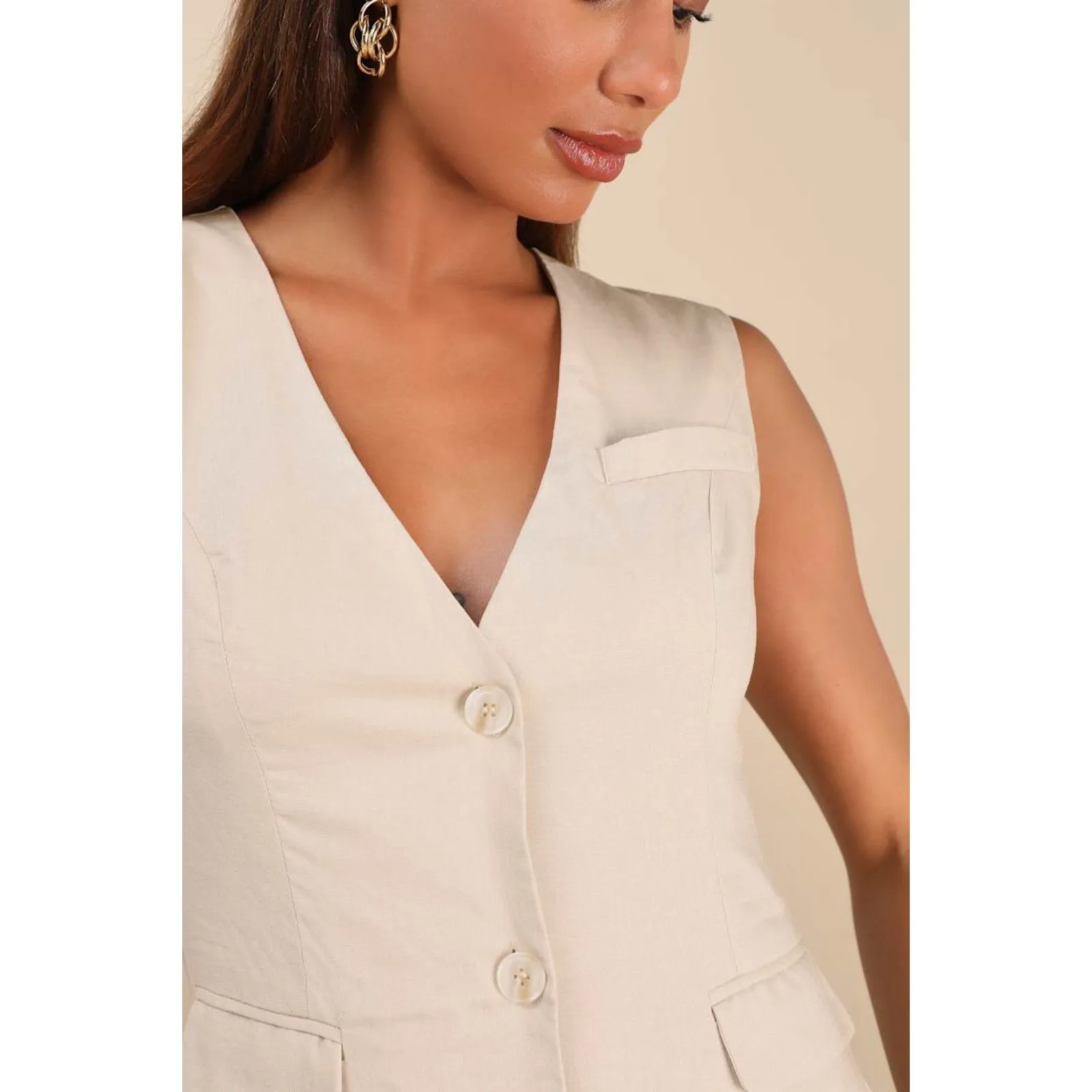 Lulus Mairi Beige Linen Button-Front Sleeveless Mini Dress - Image 2