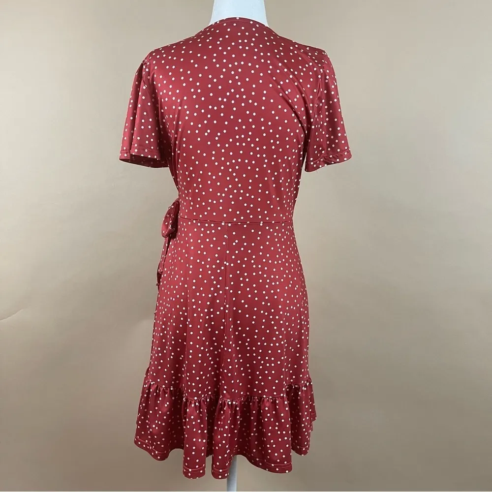 Retro Women's Small Polka Dot Ruffle Tie Wrap Flowy 50's V Neck Swing Dress Red - Image 4