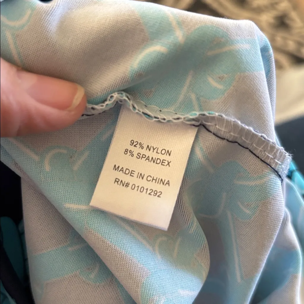 Lulu B Travel Dress Sz L Ruffle V Neck Navy Teal Print Golf Stretch Sleeveless Blue Size L - Image 3