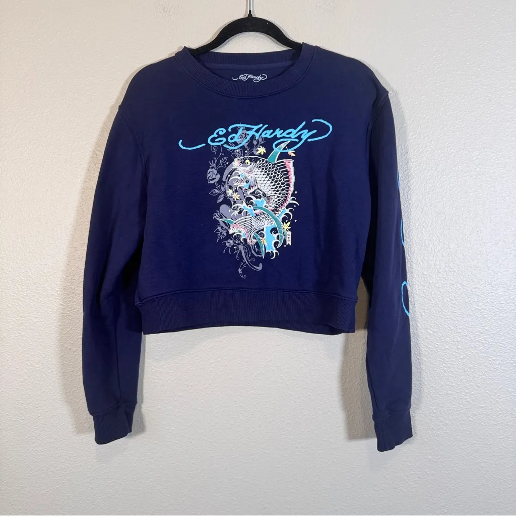 Ed Hardy Blue Cropped Graphic Sweatshirt Womens L Fish Skater Casual Cozycore - Image 10