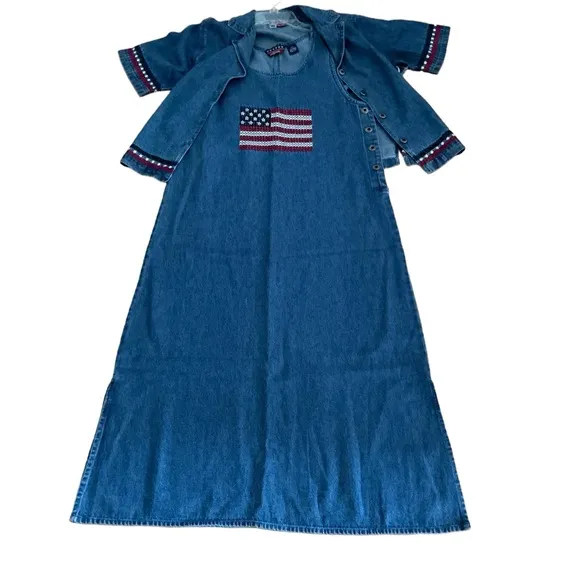 Vtg 2 pc denim maxi dress & jacket AGAPO floral embroidery bohemian cottagecore Blue Size undefined - Image 2