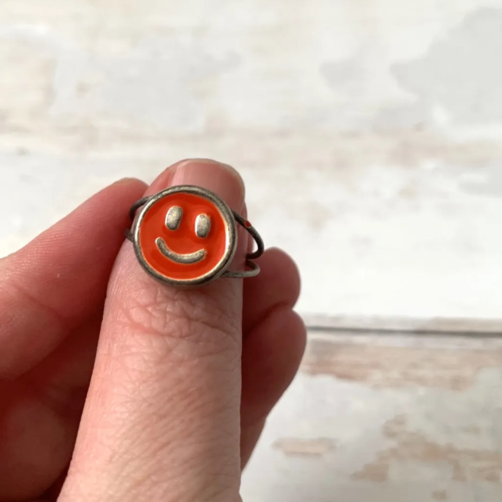 Orange Smiley Face Ring Silver Band Teen Adult OS - Image 2