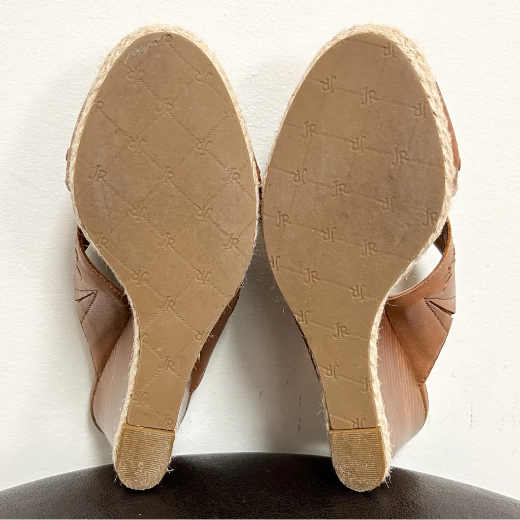 Jack Rogers Sophia Oak Brown Leather Wedge Whipstitch Heel Open Toe Sandals 7 M - Image 8