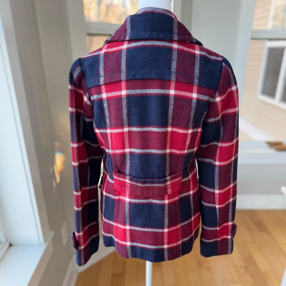 Vintage American Eagle Red Navy Blue Plaid Wool Peacoat Nautical Jacket Sz S - Image 9