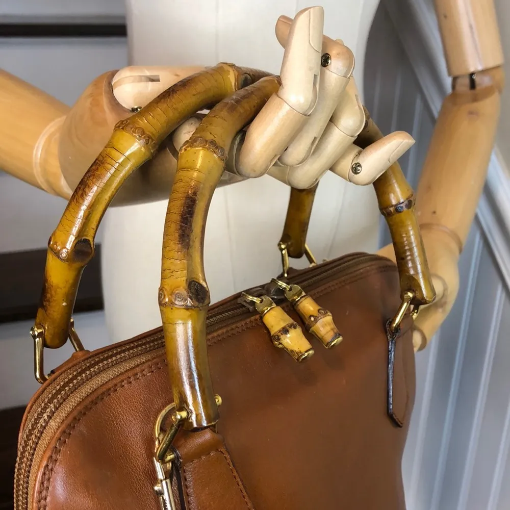 VINTAGE GUCCI Leather Top Handle Bamboo Tote Hand Bag Original Crossbody Strap - Image 4