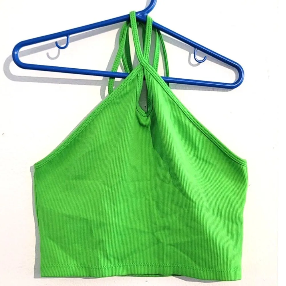 Zara Halter Crop Top + Knit Jacquard High Waisted Mini Skirt Neon Green Small - Image 4