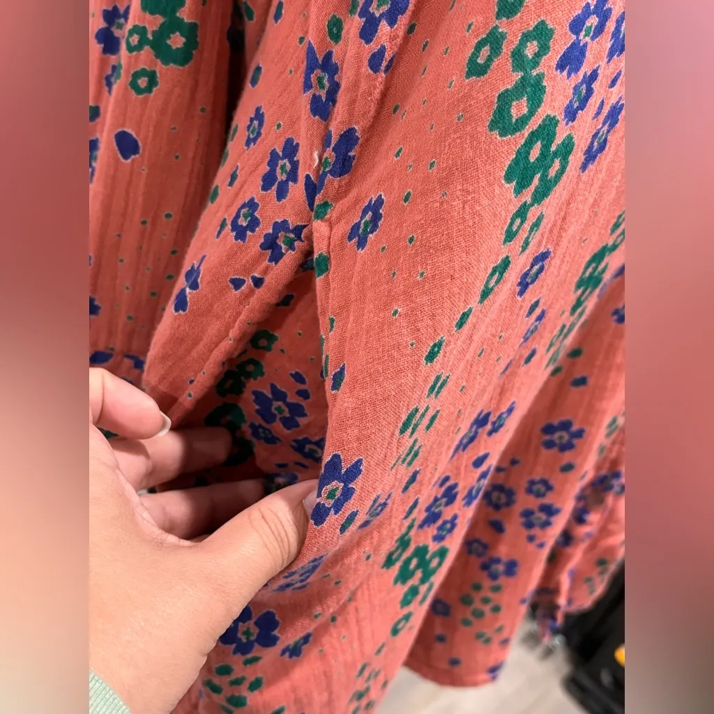 NATURAL LIFECoral Crepe Cotton Floral Collared Button Up Shirt Dress Size L - Image 7