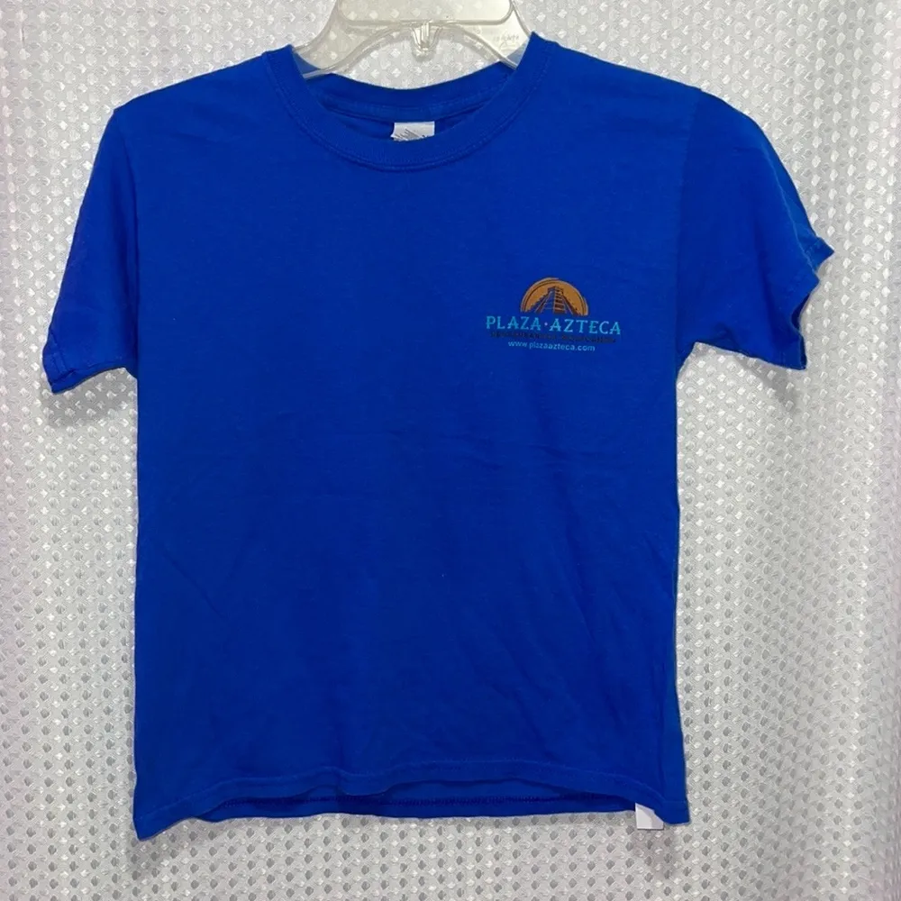 RARE Crop SUPER CINCOS PLAZA AZTECA Mexican Restaurant Tshirt Blue Small - Image 3