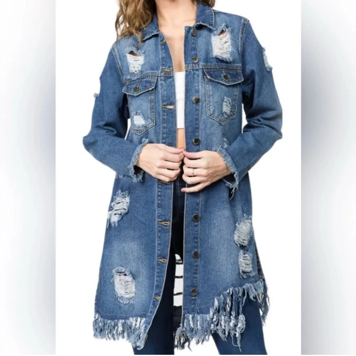 Daisy Blue Distressed Long Denim Jacket Women's Size Large Frayed Hem Pockets - Image 2