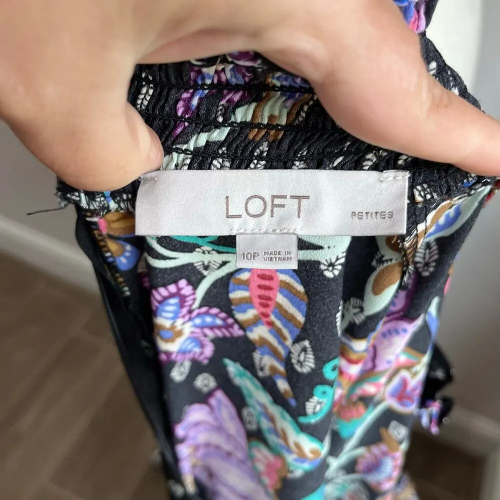 Loft Black Floral Mock Neck Long Sleeve Babydoll Dress Size 10 Petite - Image 8