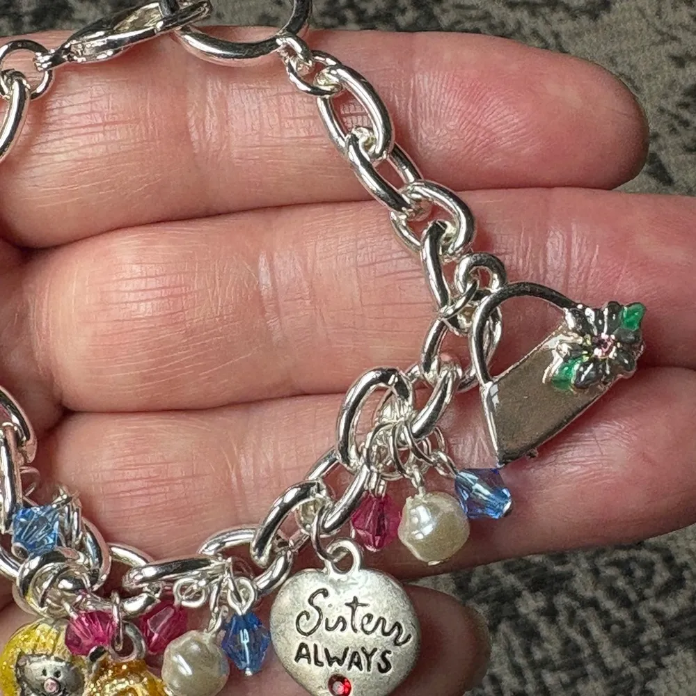 Sister Friendship Charm Bracelet Silver Tone Chains Lucite Beads Engraved Charms - Image 5