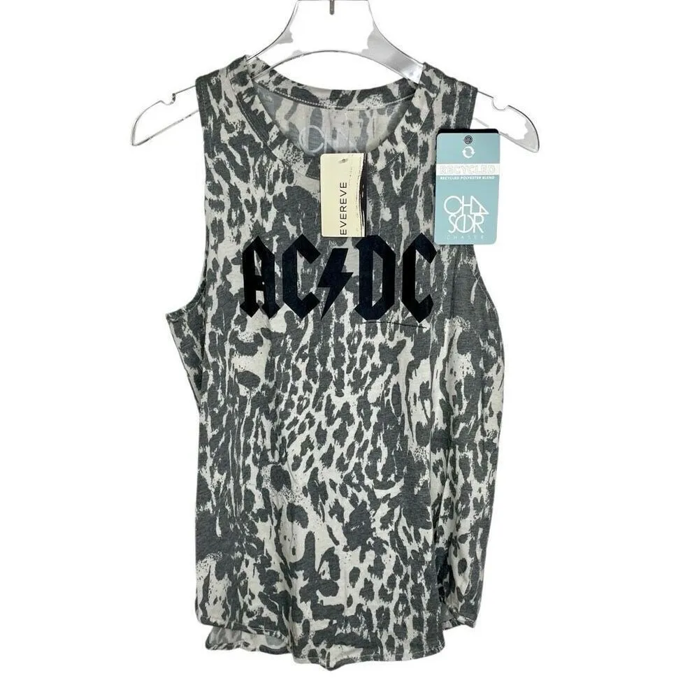 New Chaser AC/DC Band Logo Tank Leopard Cheetah Print Women XSmall White Gray Xs - Image 2