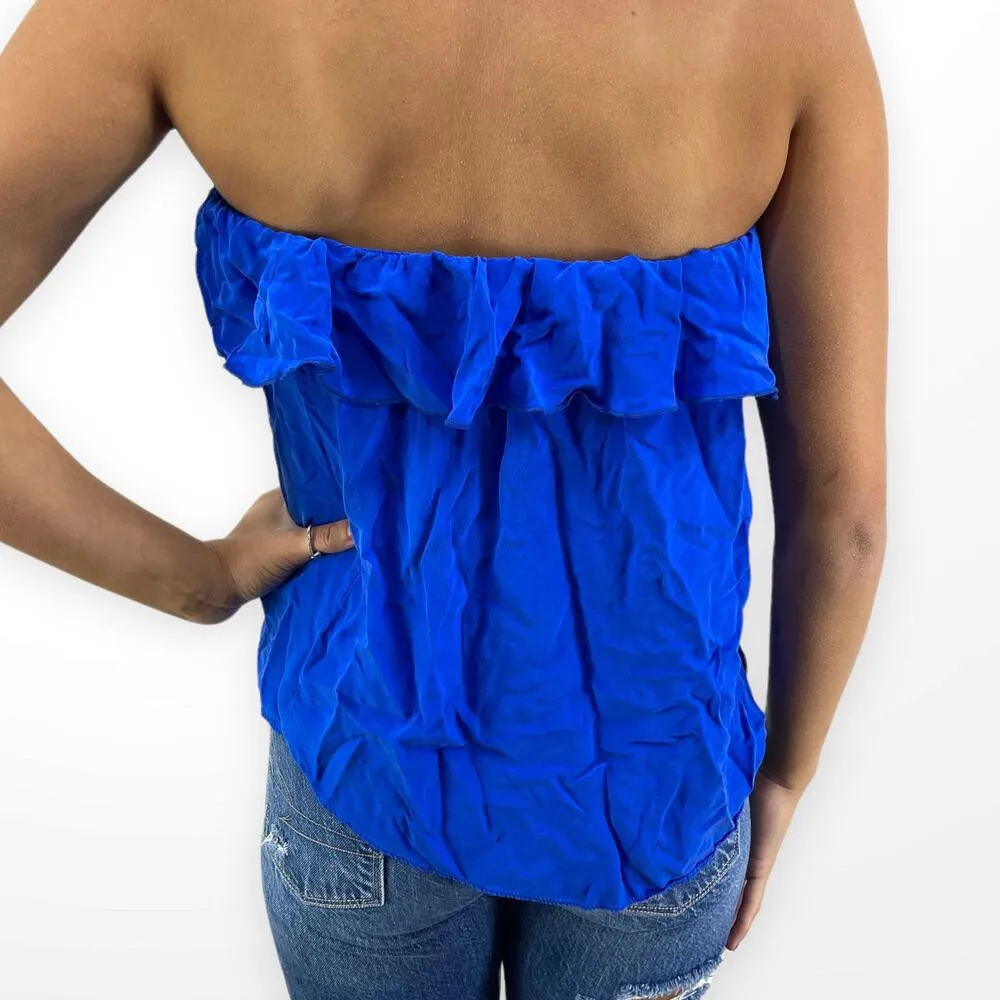 00s AMANDA UPRICHARD Vintage Blue Silk Sleeveless Ruffle Tube Top - Image 3