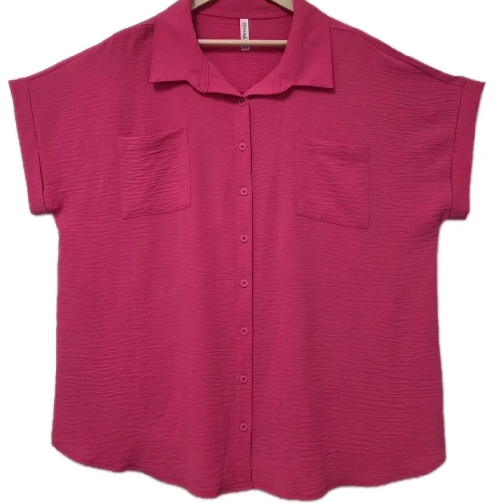Zenana Women Plus Blouse Tunic Top Button Down Crinkle Texture Hot Pink Size 3x - Image 6
