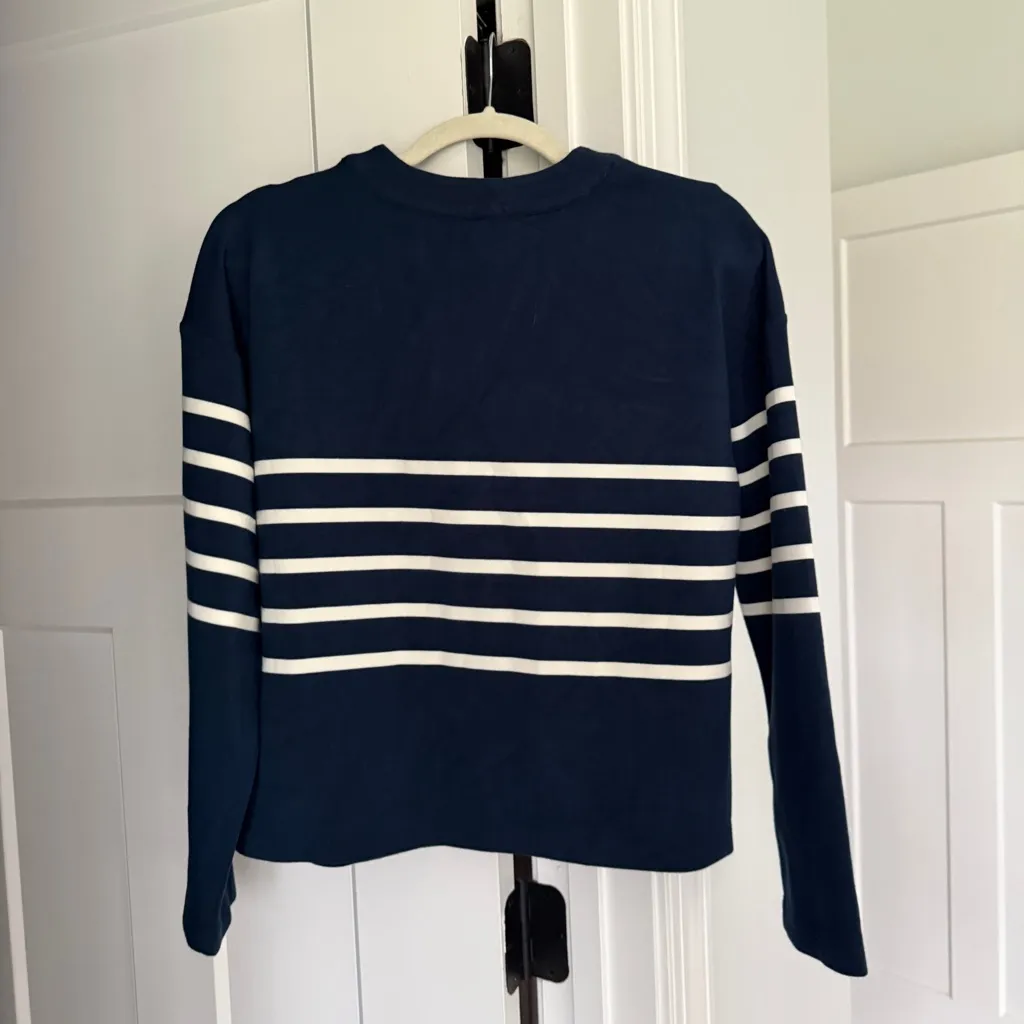 Spanx  Air Essentials Navy Blue White Striped Cardigan Sweater Pullover Top - Image 5