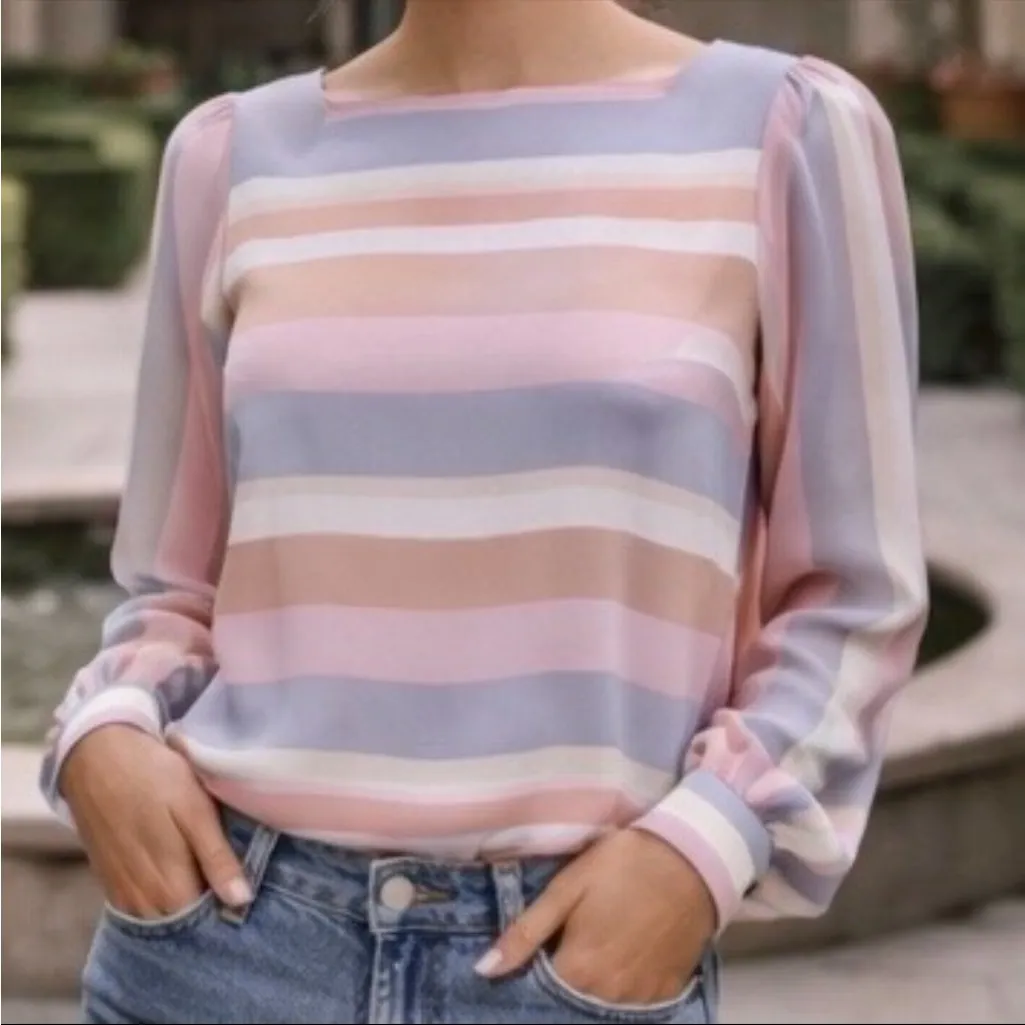 Vintage 70s 80s Sasson Neutral Pastels Striped Blouse 8/9 Hong Kong Pink - Image 7