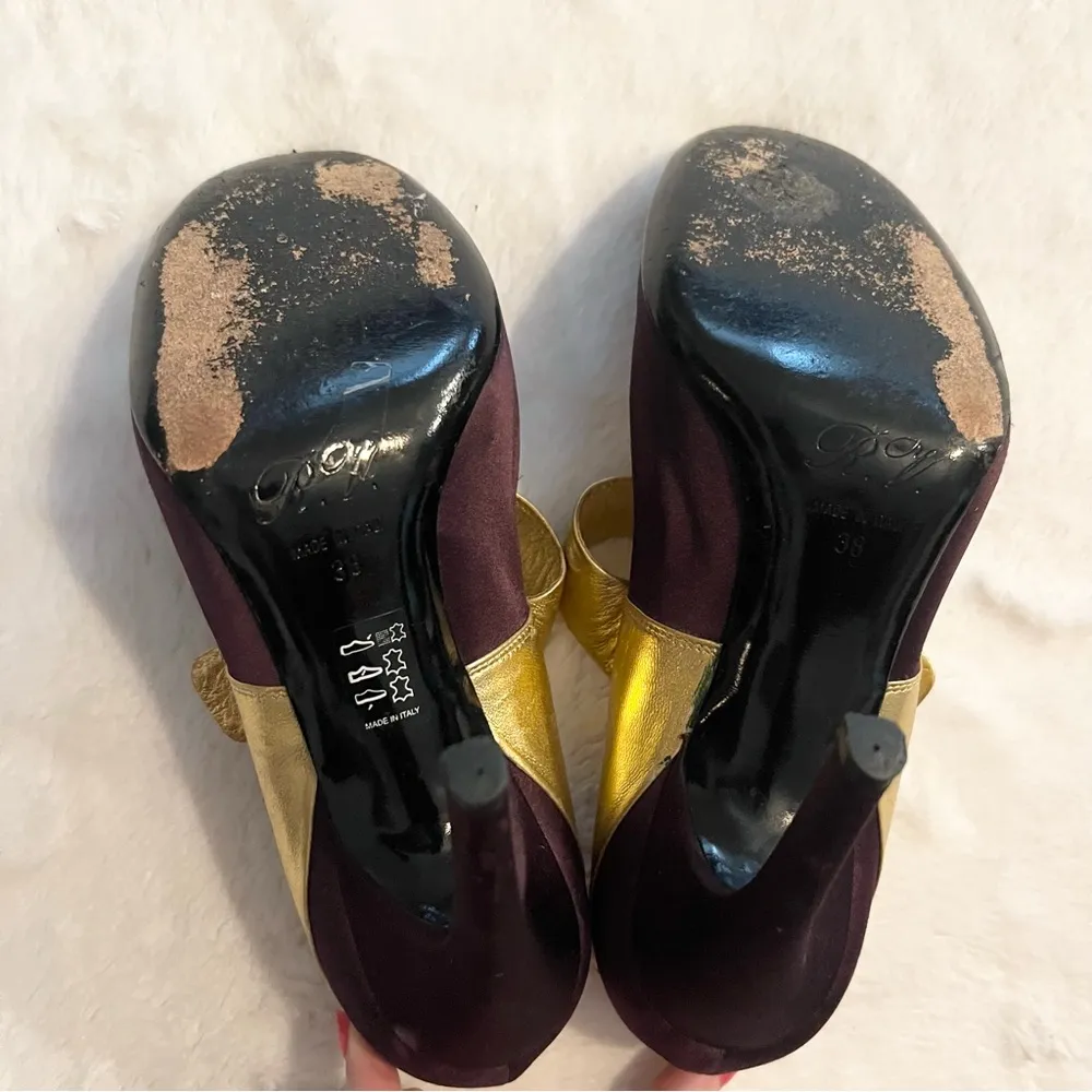 ROGER VIVIER Paris Plum Satin & Gold Leather Pumps Size 38 Purple Gold Heels - Image 13