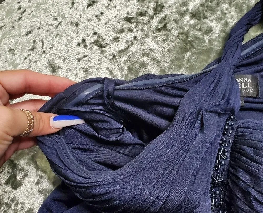 Adrianna Papell Navy One Shoulder Beaded Gown - Image 6