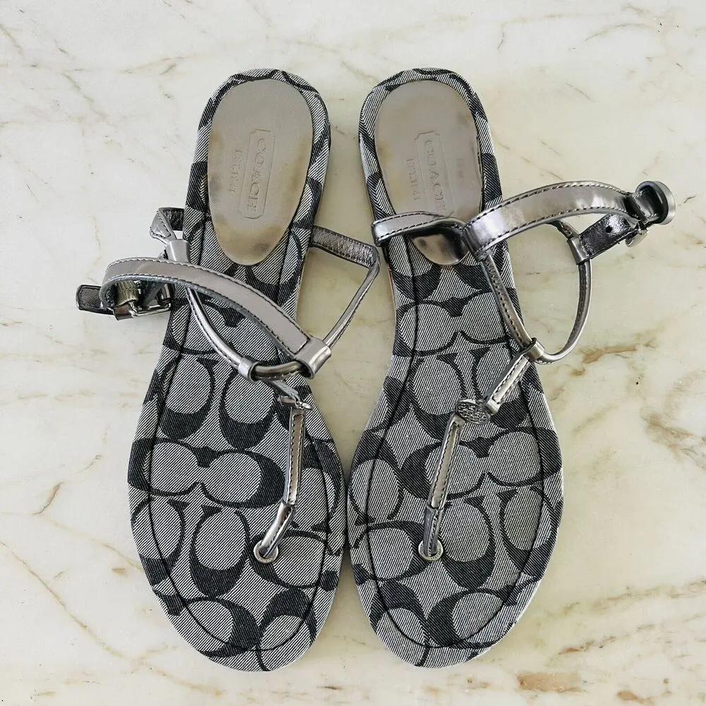 COACH Shirley Gray Black Canvas Logo Print Thong Sandal Silver Accent - US 7.5 - Image 2