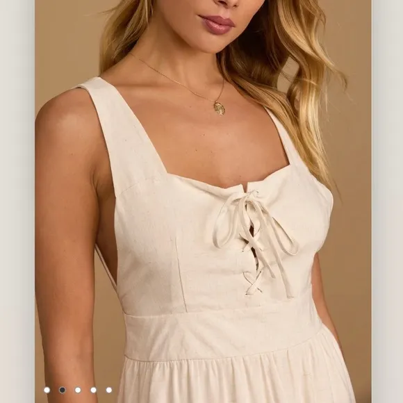 Lulus Wondrous Ways Oatmeal Beige Lace-Up Ruffle Tiered Sleeveless Mini Dress XL - Image 3
