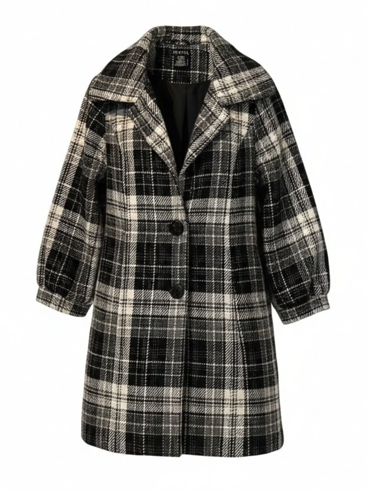 George Coat Womens Medium Wool Black/White Plaid Longline Overcoat Button Front Black - Image 1