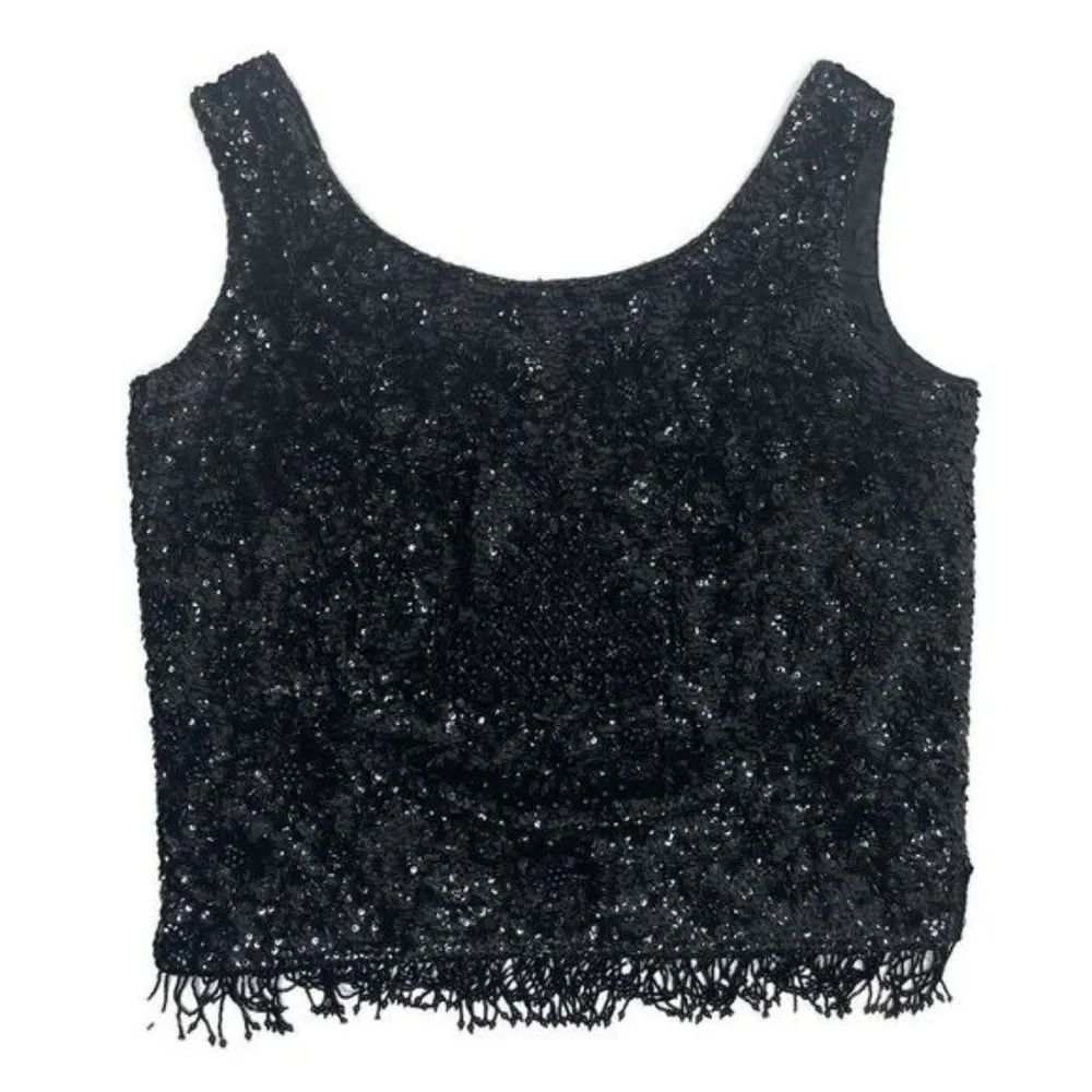 Vintage beaded sequin Stephen chu sleeveless tank top shirt lambs wool small Black - Image 2