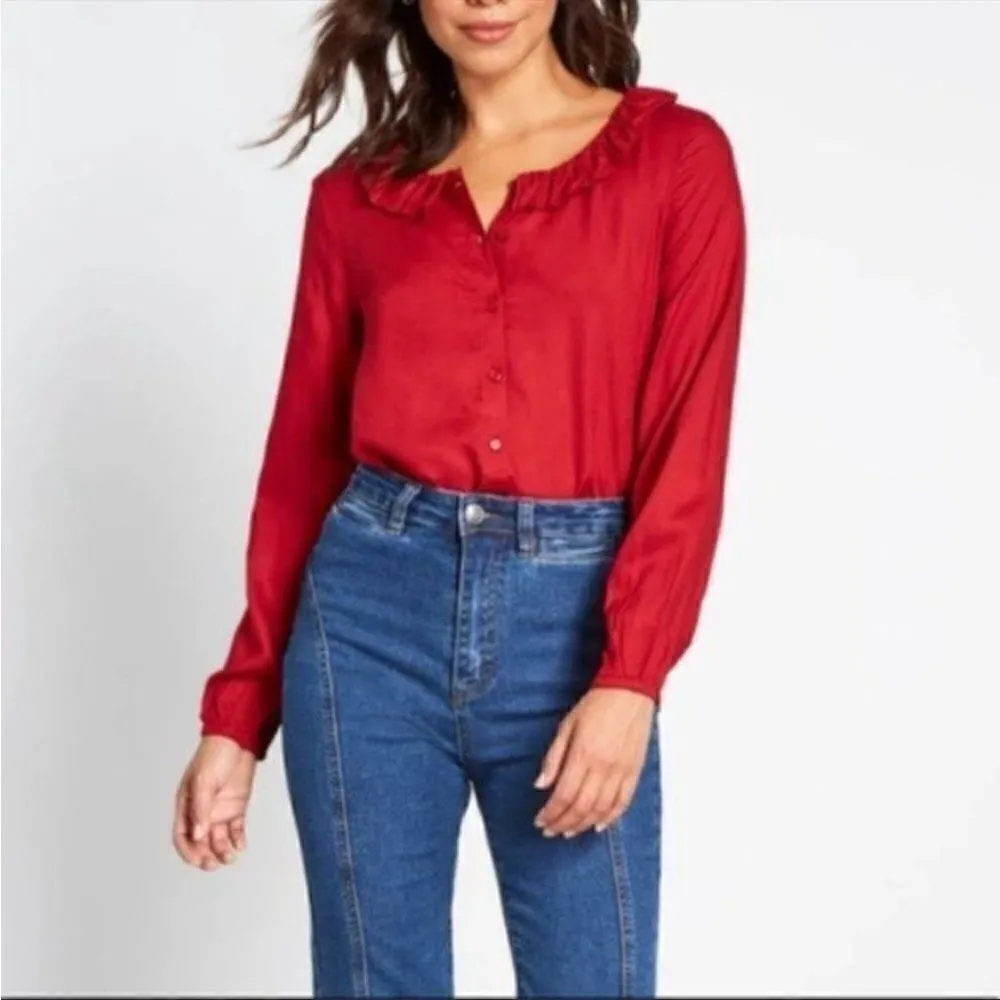 Modcloth Ruffle Collar Blouse The Frill Of It Top Red XS - Image 3