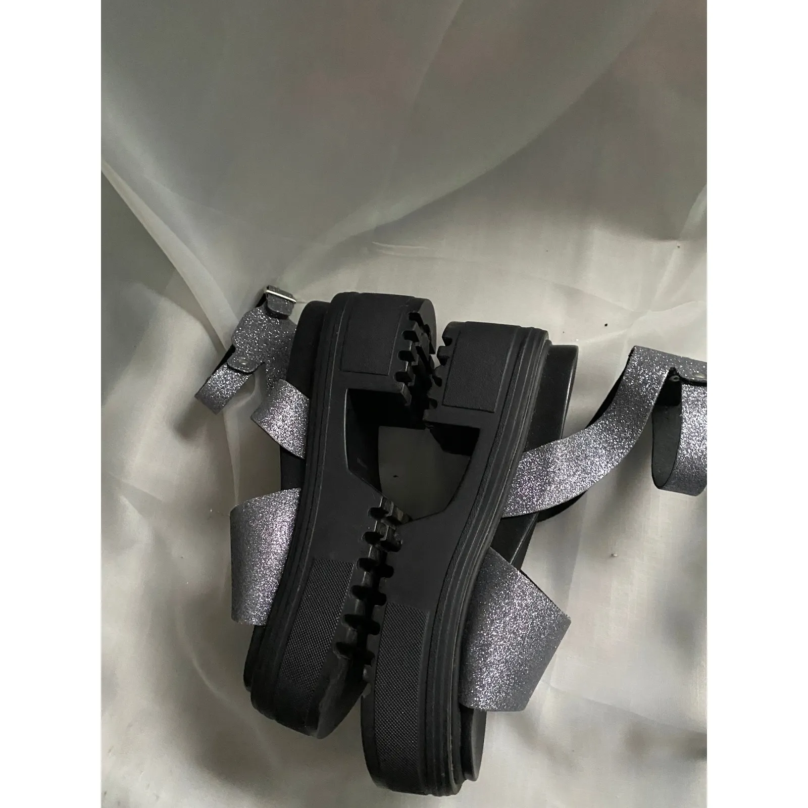 Topshop Glitter Platform Chunky Heel Silver Sandals 9.5 Disco Party Festival Y2K - Image 5