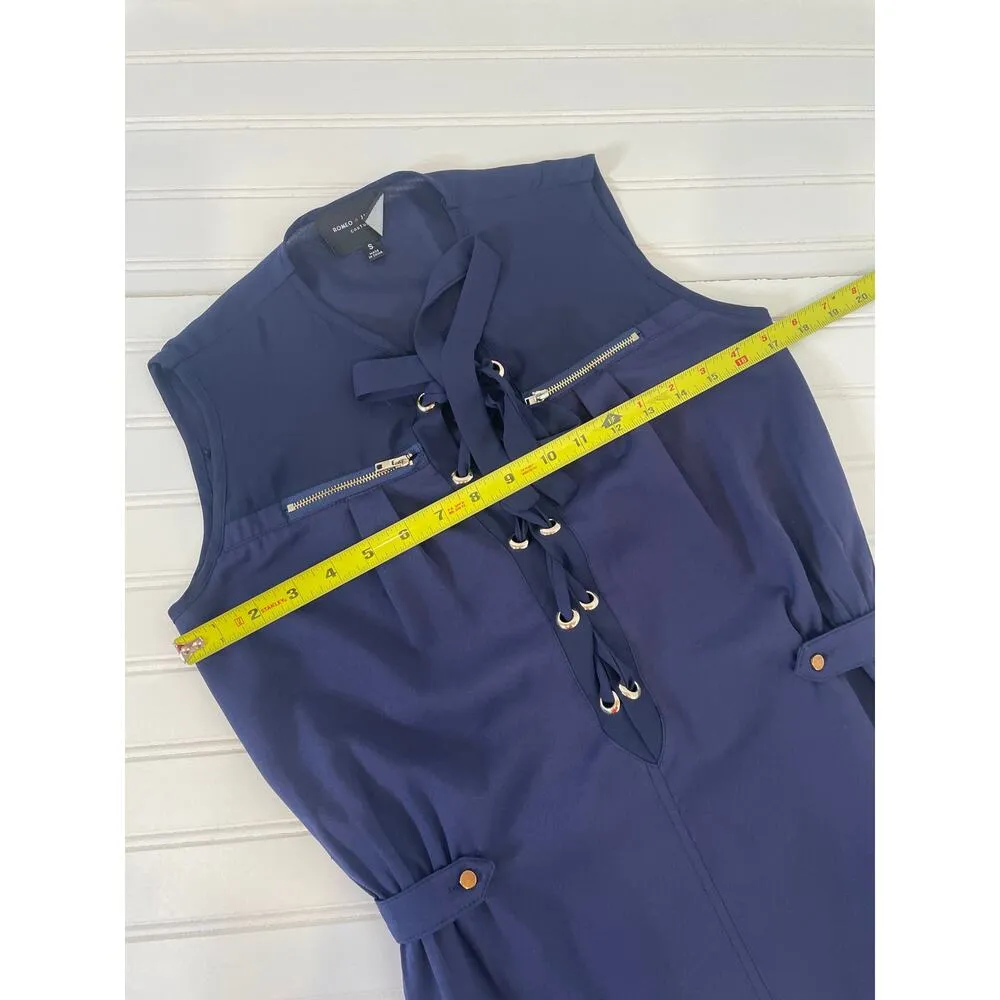 Romeo + Juliet Navy Women's Lattice Neck-Tie Waist-Epaulets Mini Dress Size S - Image 4