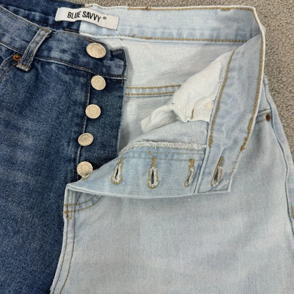 Blue Savvy Two Tone High Rise Mom Jeans Blue Juniors 5 27 Straight Leg Button - Image 6